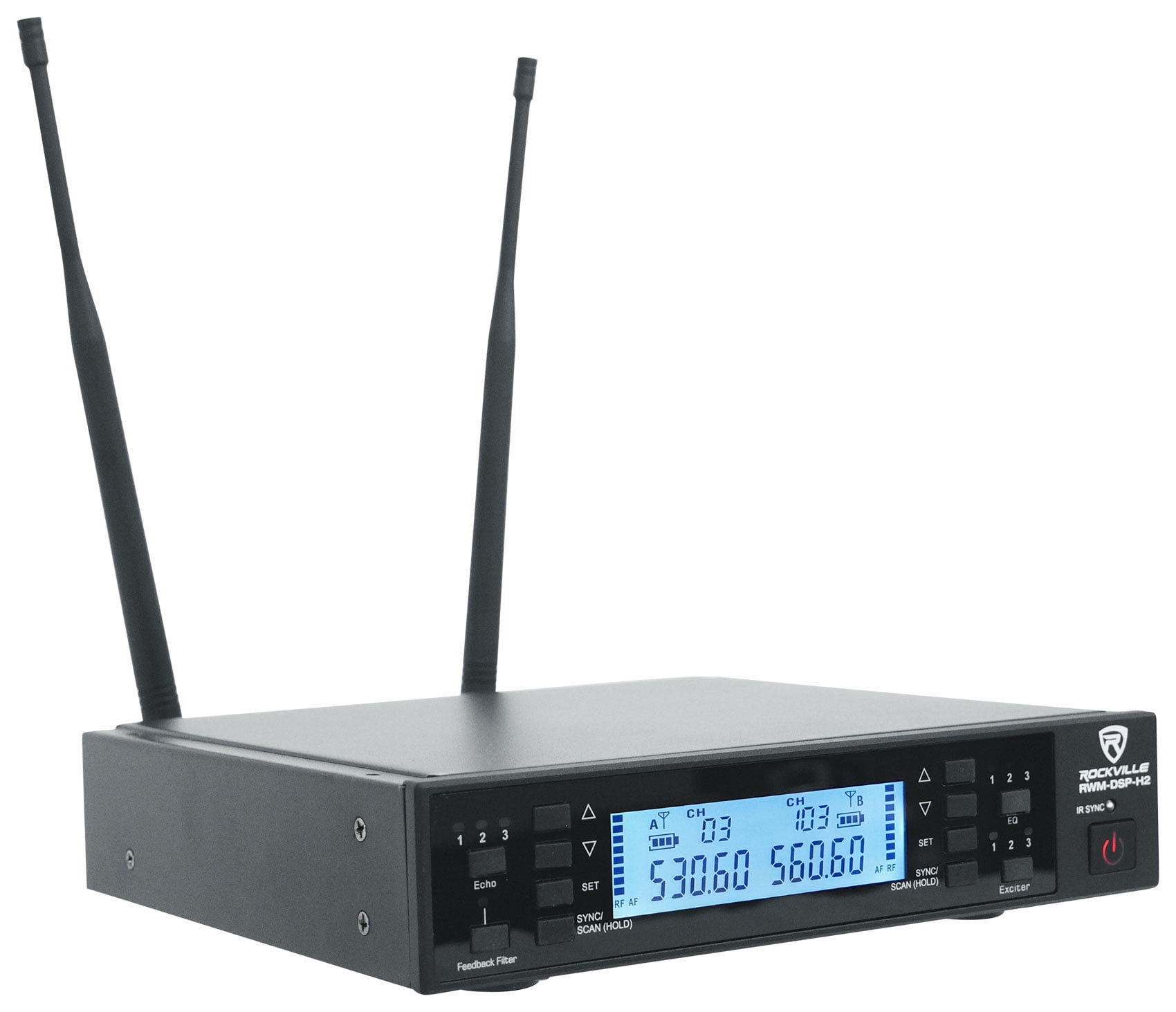 Rockville RWM-DSP-H2 Dual Handheld UHF Wireless Microphone System, DSP Control, Adjustable EQ, Delay, Feedback Filter, OLED Display, 200 Channels, 400-600 ft Range, Includes 2 Mics & Rack Mount