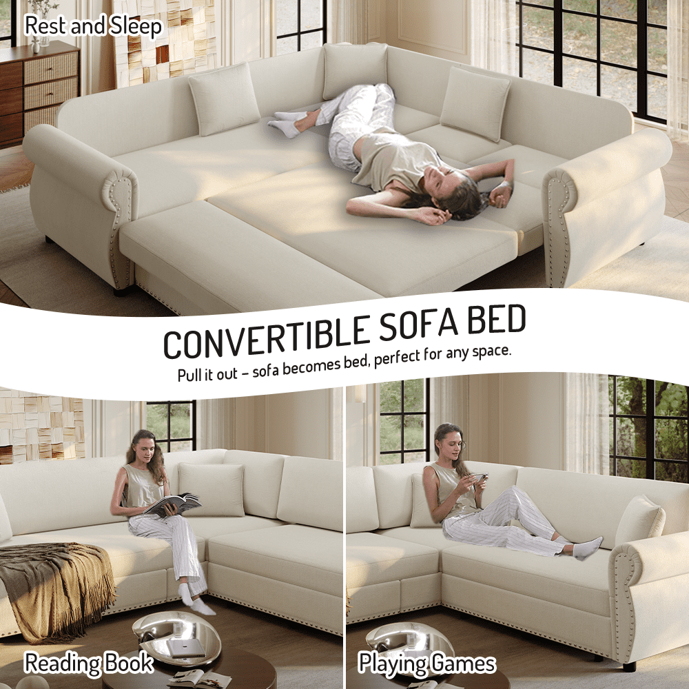 88.2'' Pull Out Couch, Convertible Sleeper Sofa Bed, Upholstered Sectional Sofa, Chenille L-Shaped Couch with Nailhead Trim, 4-Seater Modern Sectional Couches for Living Room, Apartment, Beige