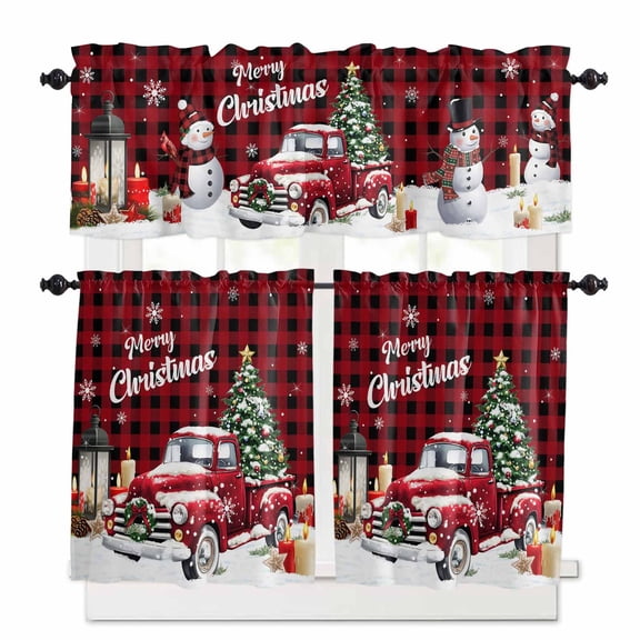 Winter Squirrel Elk Curtain Valances Set Christmas Leaves Floral Xmas Tree Kitchen Curtains 36 inch Length Rod Pocket Valance and Tiers 3 Piece Set Small Bedroom Bathroom Laundry Decor