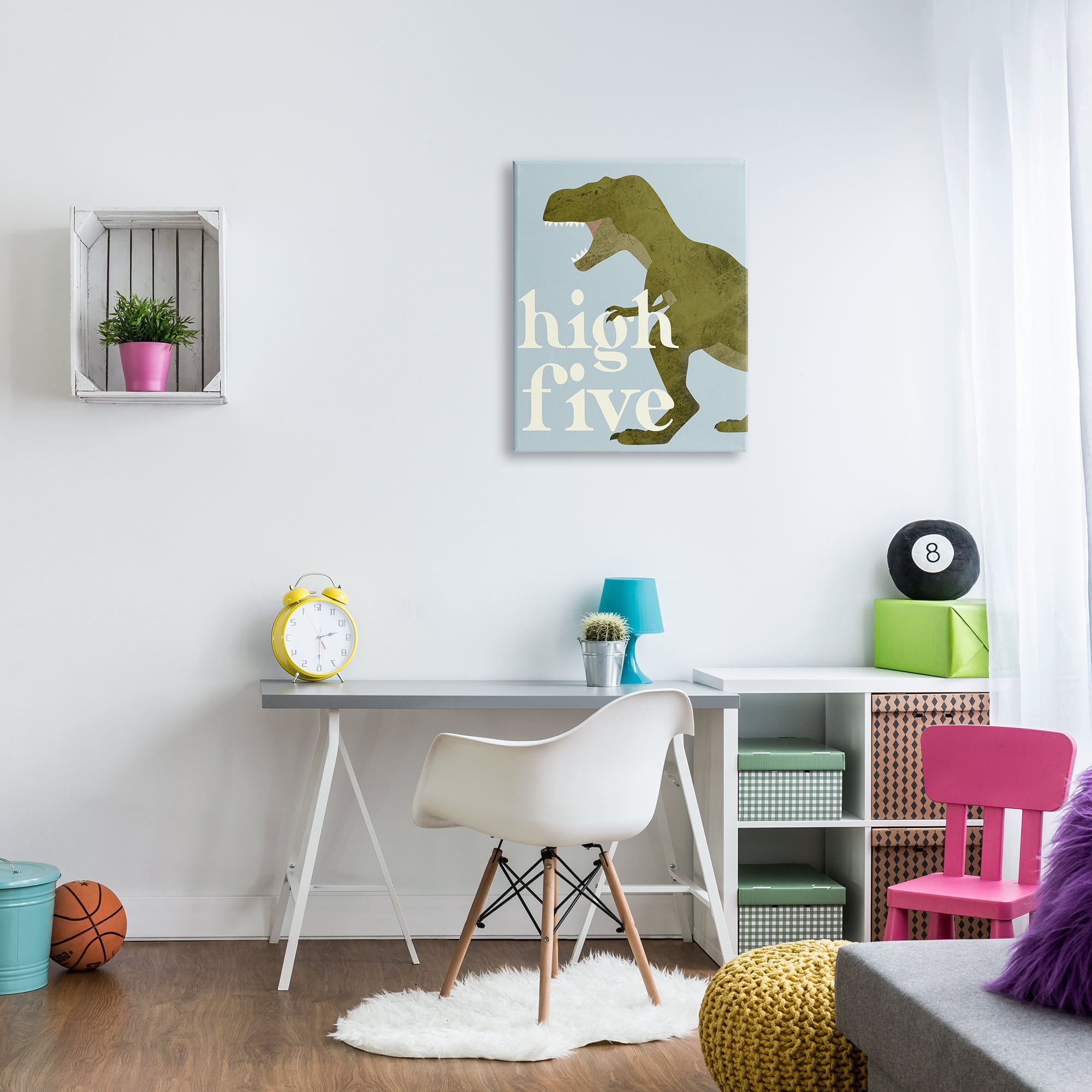 Stupell Industries High Five Roaring Dinosaur T-Rex Kids Typography Graphic Art Gallery Wrapped Canvas Print Wall Art, Design by Daphne Polselli