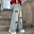 thumbnail image 6 of RUTAYY Girls Wide Leg Jeans Bow Embroidery Elastic Waist Denim Pants with Pockets Casual Daily Street Wear Blue, 6 of 8