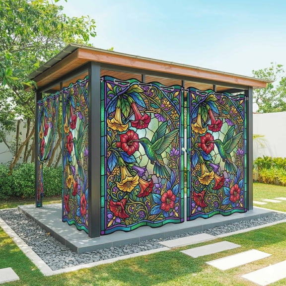 Stained Glass Hummingbirds Outdoor Curtains for Patio, Country Red Yellow Green Flowers Birds Sunshade Privacy Drapes Grommet Waterproof Outside Curtains for Porch/Cabana/Balcony 54"x 108", 2 Panel