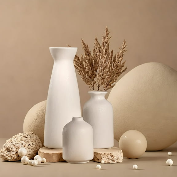Set of 3 White Minimalist Ceramic Vases - Elegant Flower Vase - Perfect For Home Decor & Banquet Decor