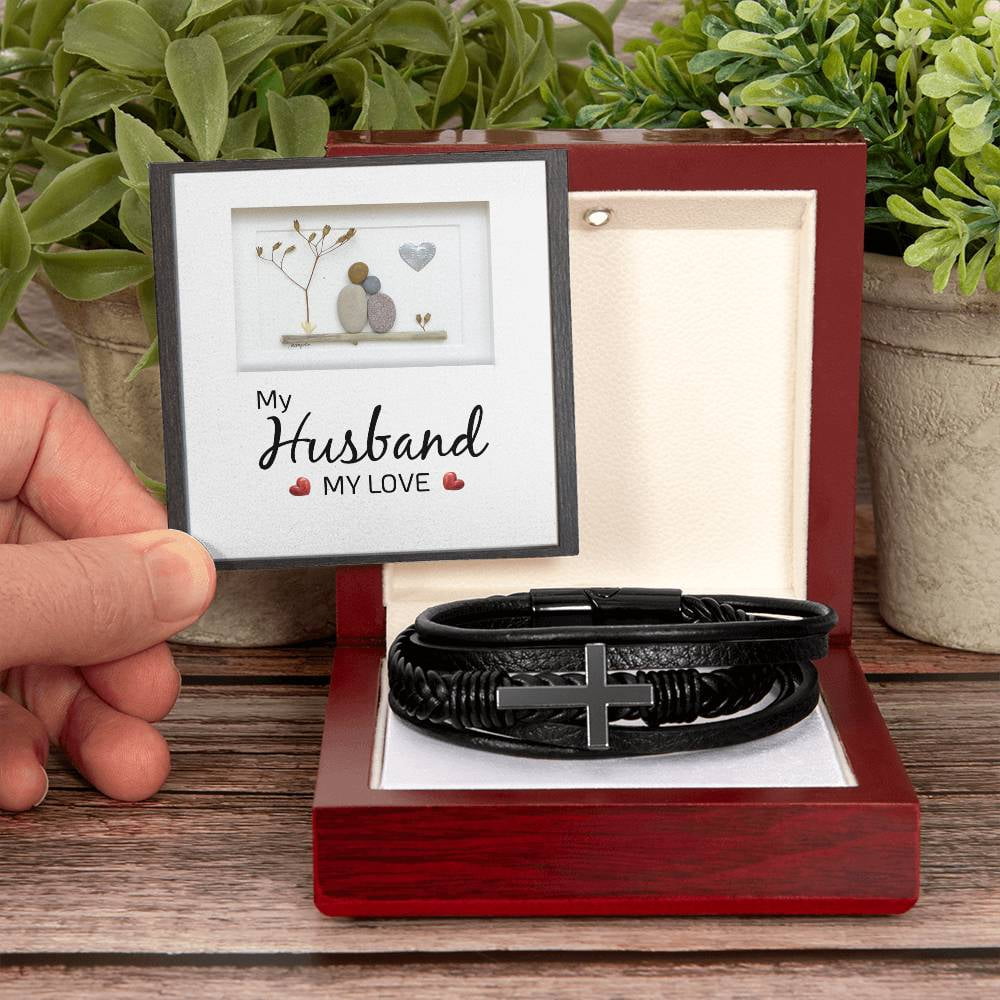 My Husband My Love Men's Cross Bracelet - Vegan Leather with Stainless Steel