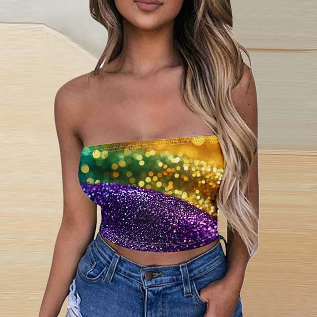 TIMIFIS Hauts Tube pour Femmes Mardi Gras Dos Nu Sans Manches Crop Top Imprimé Carnaval Fête de Vacances
