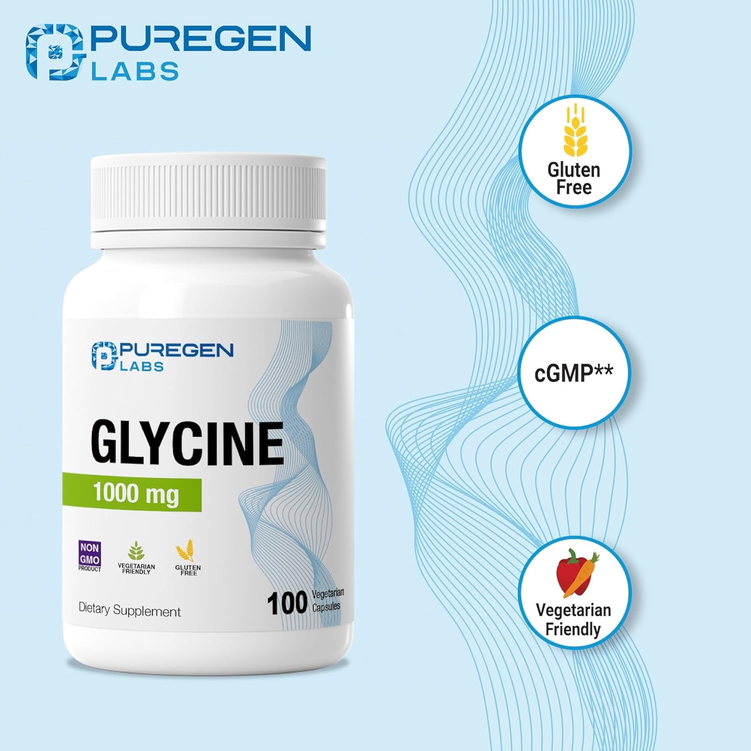 Puregen Labs Glycine 1000mg [High Potency] 100 Vegetarian Capsules, Promotes Healthy Sleep | No Harmful Additives | Non-GMO, NO Gluten and Dairy | Made in USA | 3PK