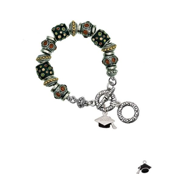 Silvertone 3-D Graduation Hat with 2022 Fall Crystal Bead Charm Bracelet