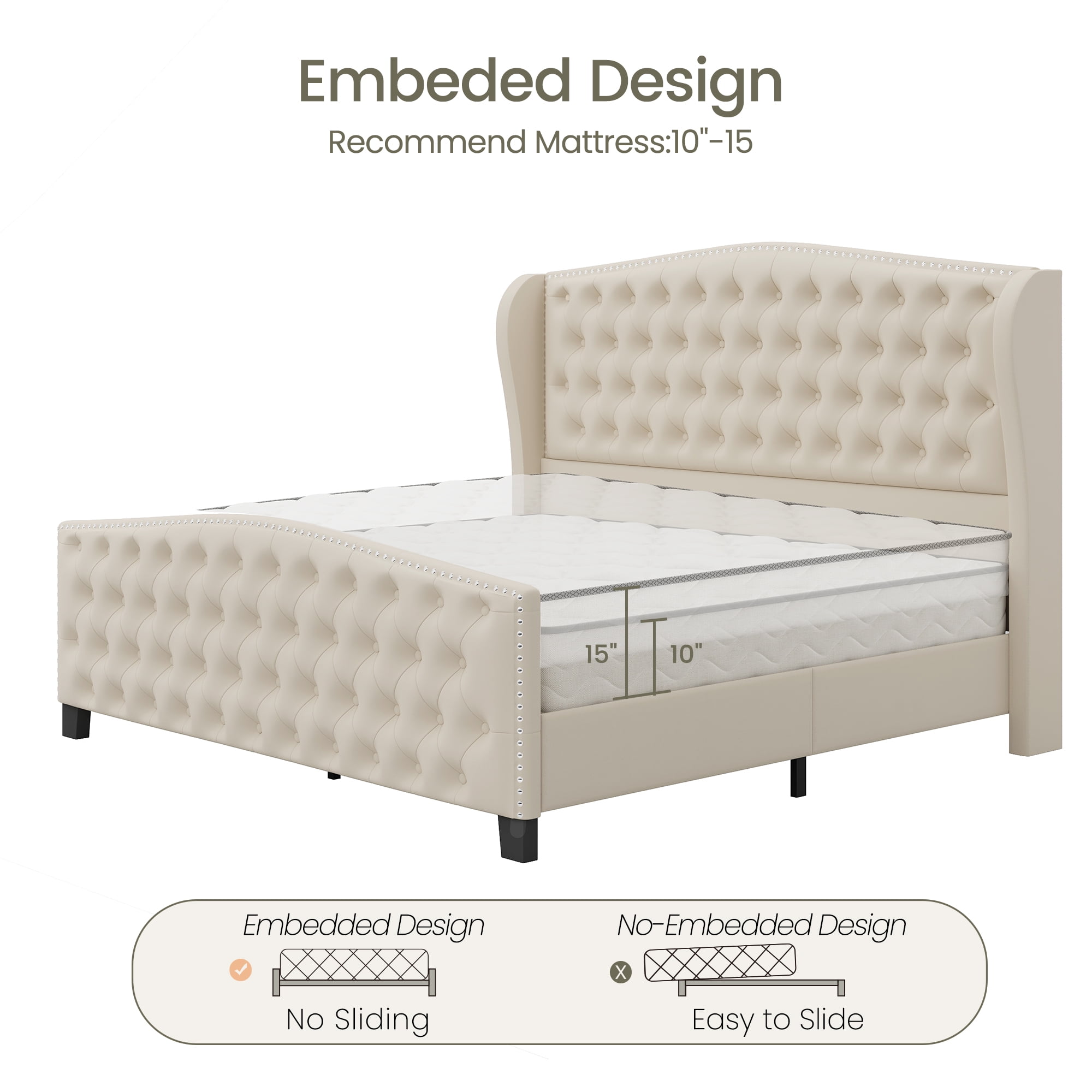 Breltam King Size Bed Frame Velvet Upholstered Platform Bed with Wingback Headboard, Beige