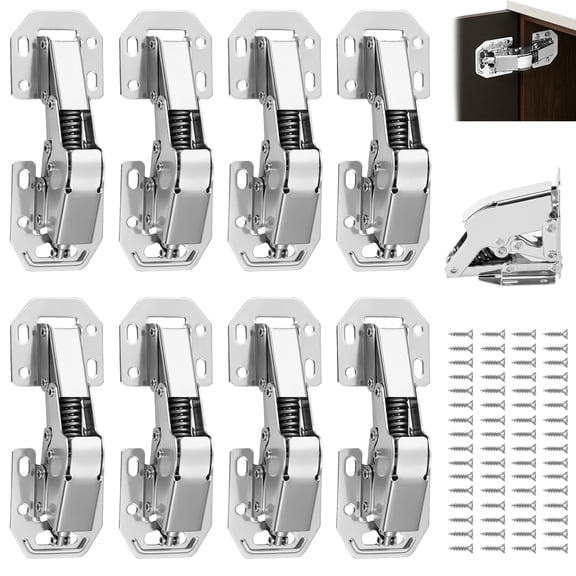 8 Pack 90 Degree Soft Close Cabinet Door Hinges, 4.41 Inch Electroplated Stainless Steel Surface Mount Hardware with 64 Screws, Silver
