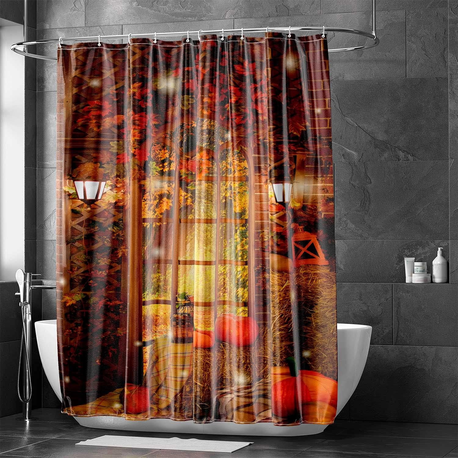 Harvest Pumkin Fall Shower Curtain Bathroom Sets, Thanksgiving Harvest Autumn Maple Leaf Fabric Bath Curtian, Fall Forest View Waterproof Shower Curtain Sets with Hooks 60 x 70 inch