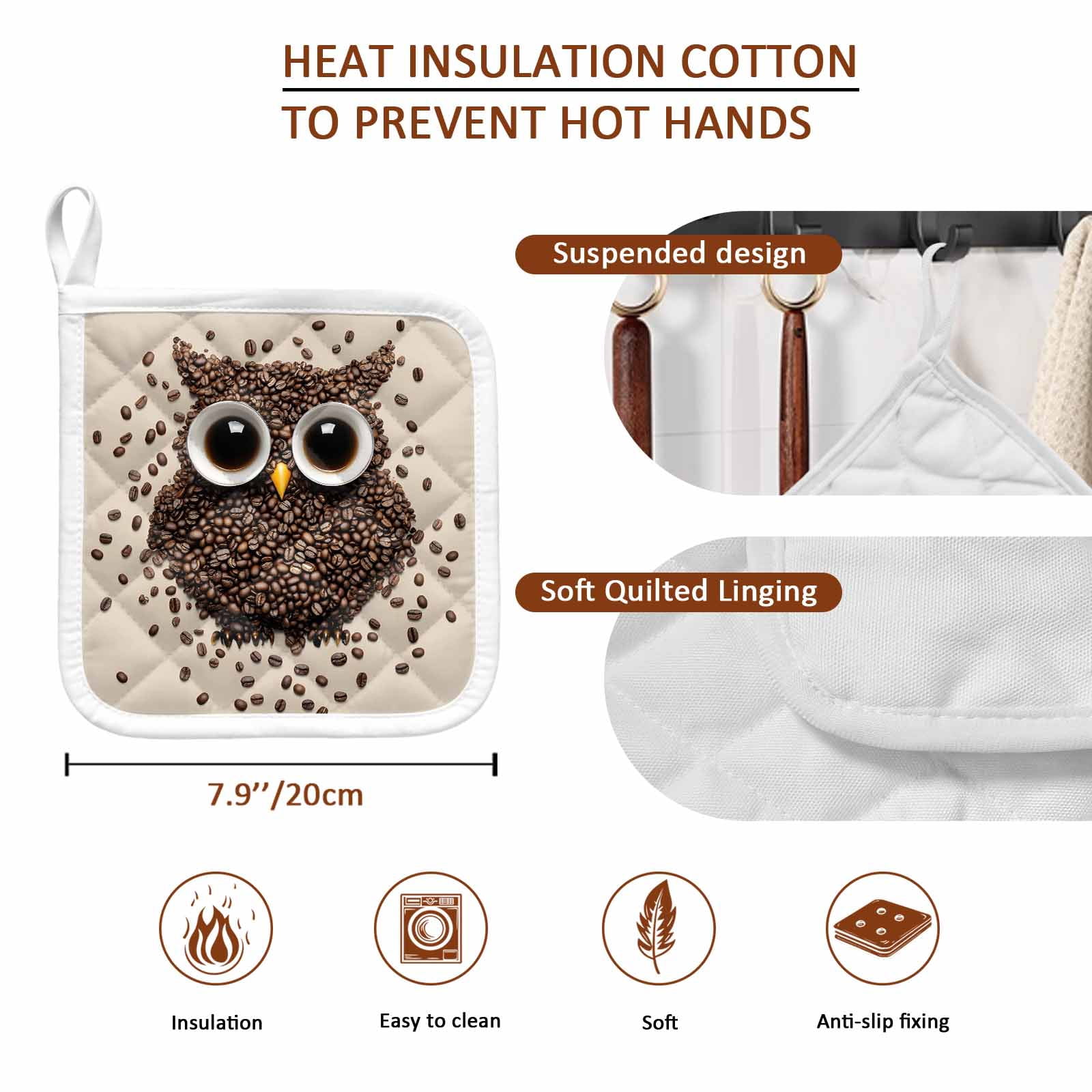 Coffee Owl Pot Holders for Kitchen Heatproof Potholder, 5 Pack Cute Bird Big Eyes Animals Brown Beans Hot Pads Multipurpose Oven Pads Cloth Potholders Trivet for Cooking Baking