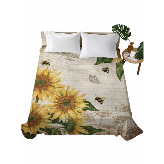 Sunflowers Flat Sheets Only Twin XL Size, Soft Breathable Bed Top Sheets for Mattress, Vintage Yellow Floral Farm Butterfly Luxury Bedding Flat Sheets for Home Hotel Bedroom Bed Protection