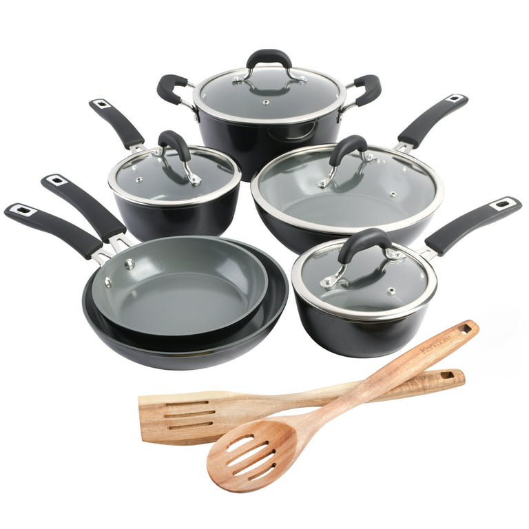 12pc Ceramic Cookware Set, Blue Linen Pots and Pans Set Kitchen