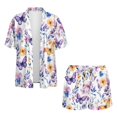 thumbnail image 4 of FKEKYI Purple Yellow Butterfly Print Women's 2 Piece Set Short Sleeve Shirt & Shorts with Elastic Waist Summer Beachwear Soft Vacation Outfits Open Front Top Lounge Set, M, 4 of 7