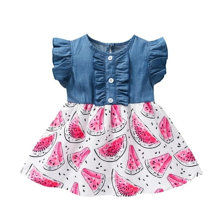 

Little Girl Dress Baby Lemon Denim Watermelon Ruffles Princess Girls Printed Splice Toddler Girls Skirt