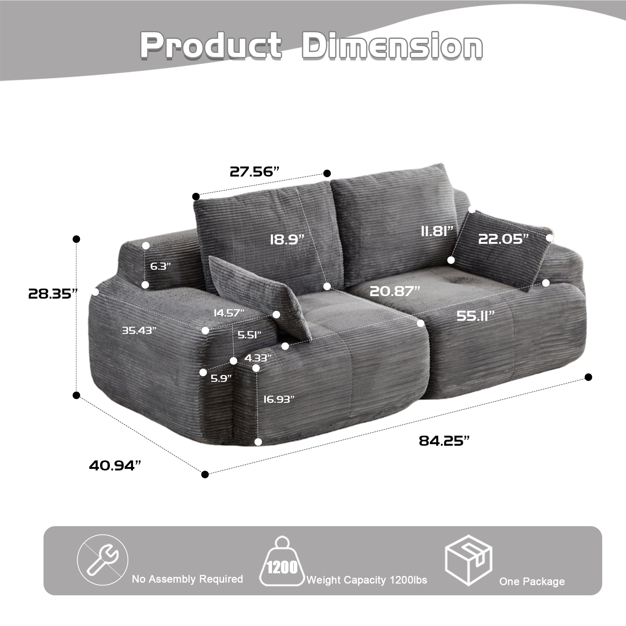 Miniyam 84" Corduroy Modular Sofa Couch with Cushions, Convertible Sectional Seating for Living Room, 1200 lbs Capacity, No Assembly, Gray