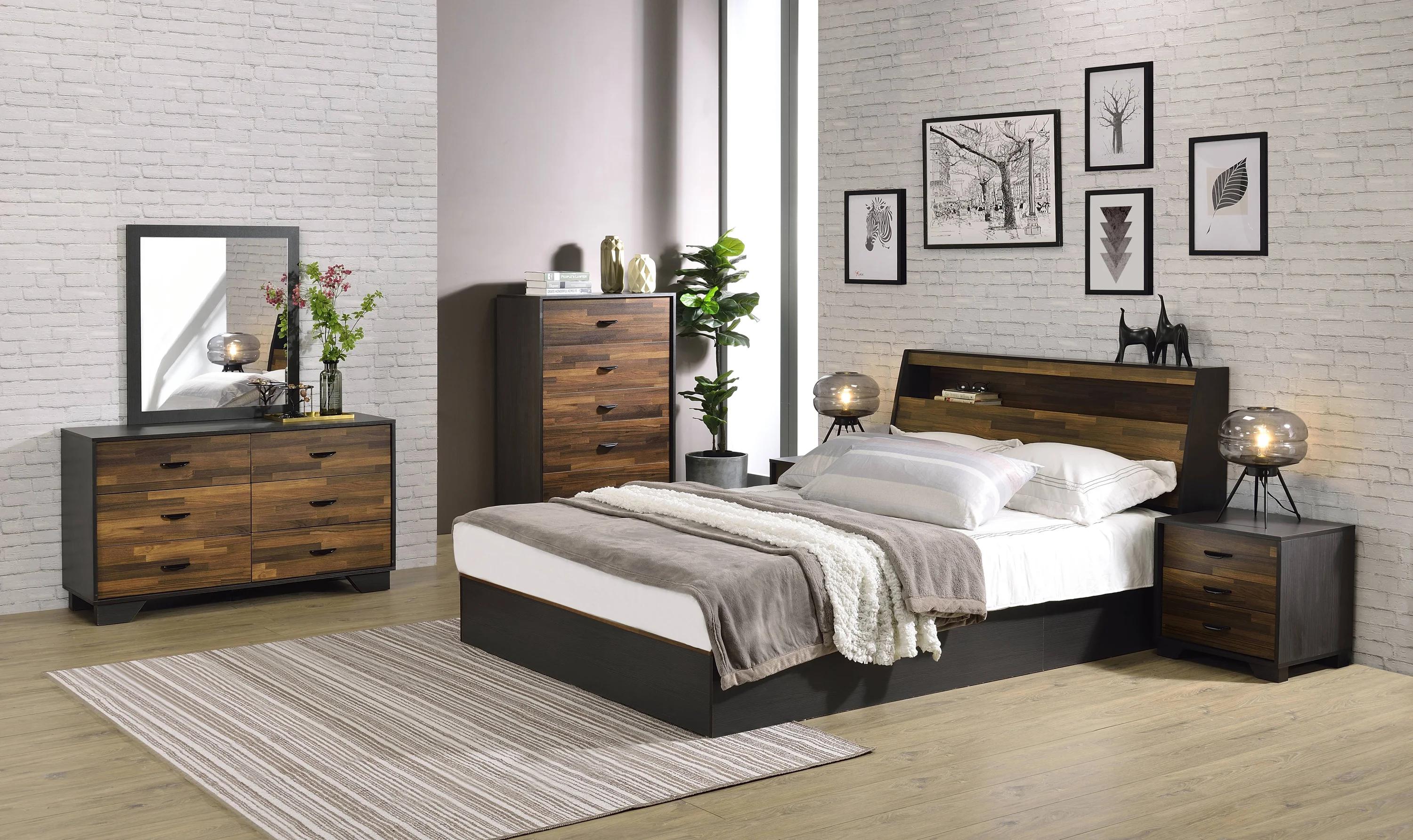 Contemporary Walnut & Black Queen Bedroom Set by Acme Eos BD00545Q5pcs