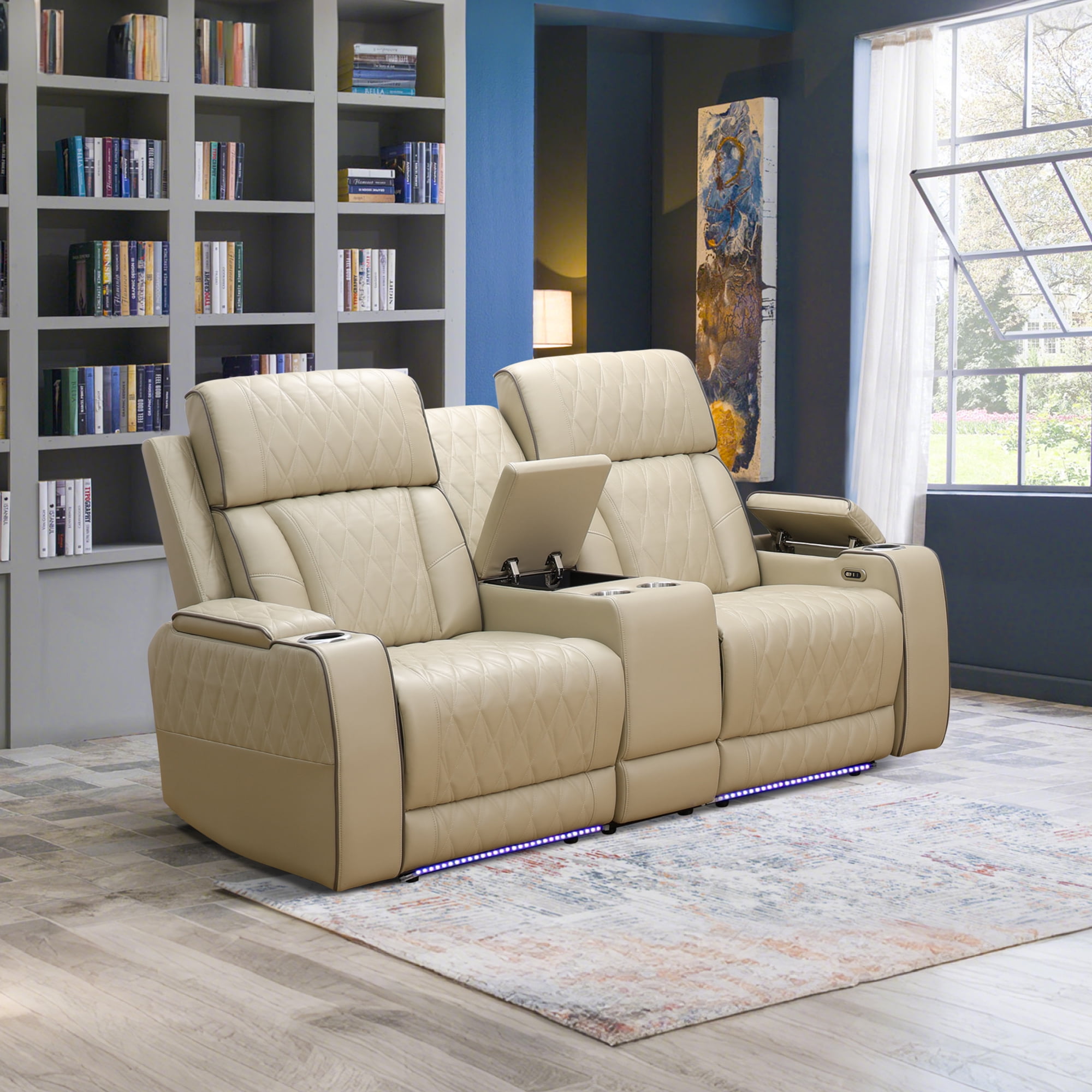 Gewnee Loveseat Power Reclining Multifunctional Sofa, Air Leather, Storage Console, Cup Holders,Khaki