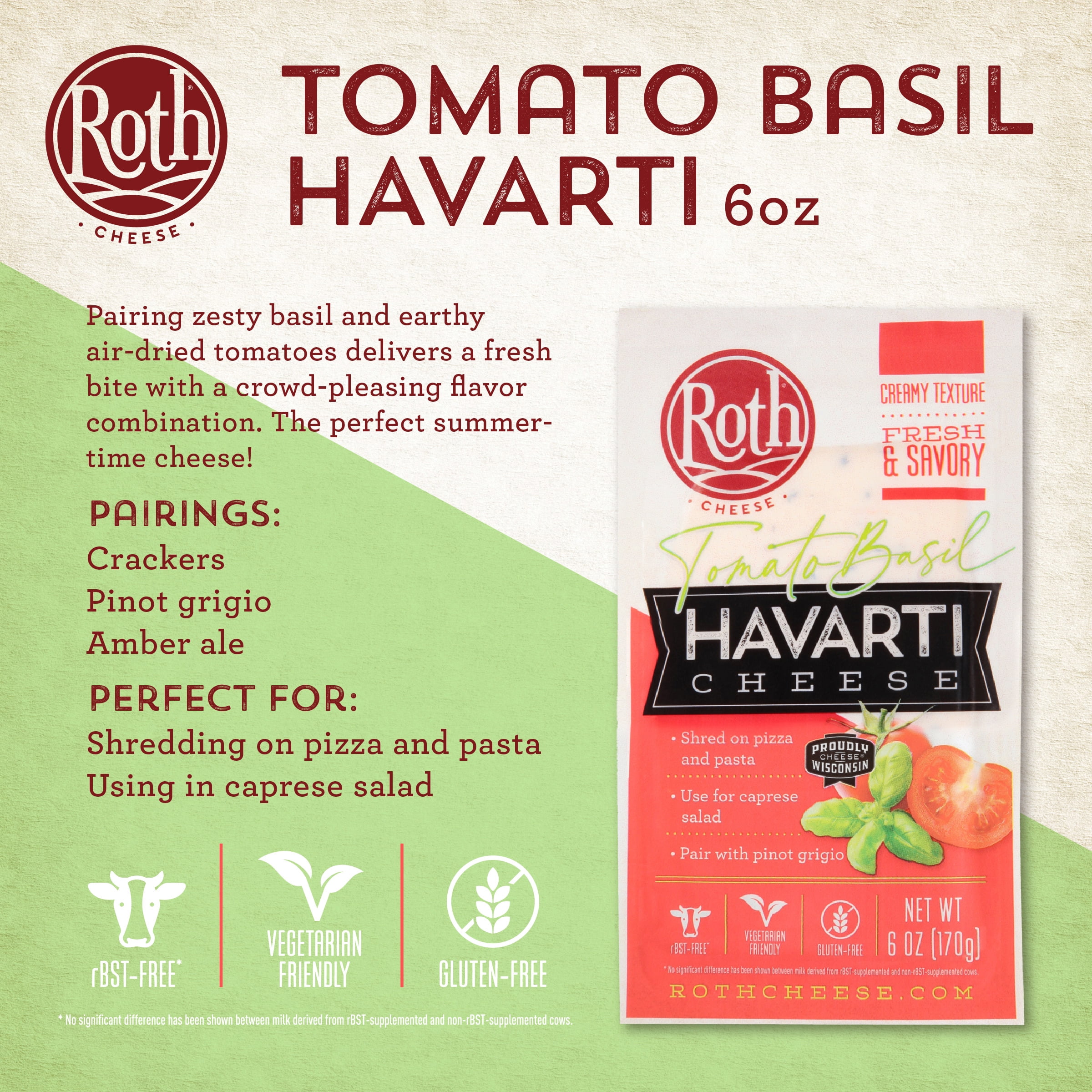 Roth Gluten Free Block Tomato Basil Havarti Cheese, 6 oz Fresh Plastic Wrapped