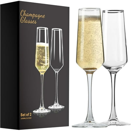 Champagne Flutes, Champagne Glasses Set of 2, Elegant 8.5oz Glass Champagne Flutes, Gift for Birthday, Wedding, Christmas, Clear Sparkling Champagne Glasses for Women, Men