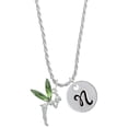 thumbnail image 1 of Delight Jewelry Silvertone Large Fairy with Lime Green Wings Silvertone Script Initial Disc - N - Charm Necklace, 20"+3", 1 of 4