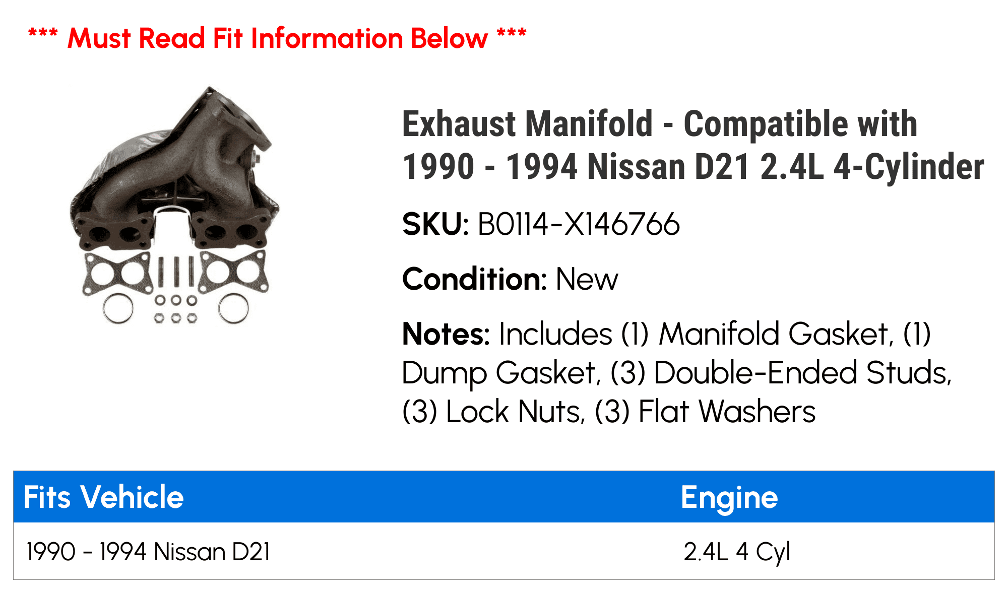 Exhaust Manifold - Compatible with 1990 - 1994 Nissan D21 2.4L 4-Cylinder 1991 1992 1993