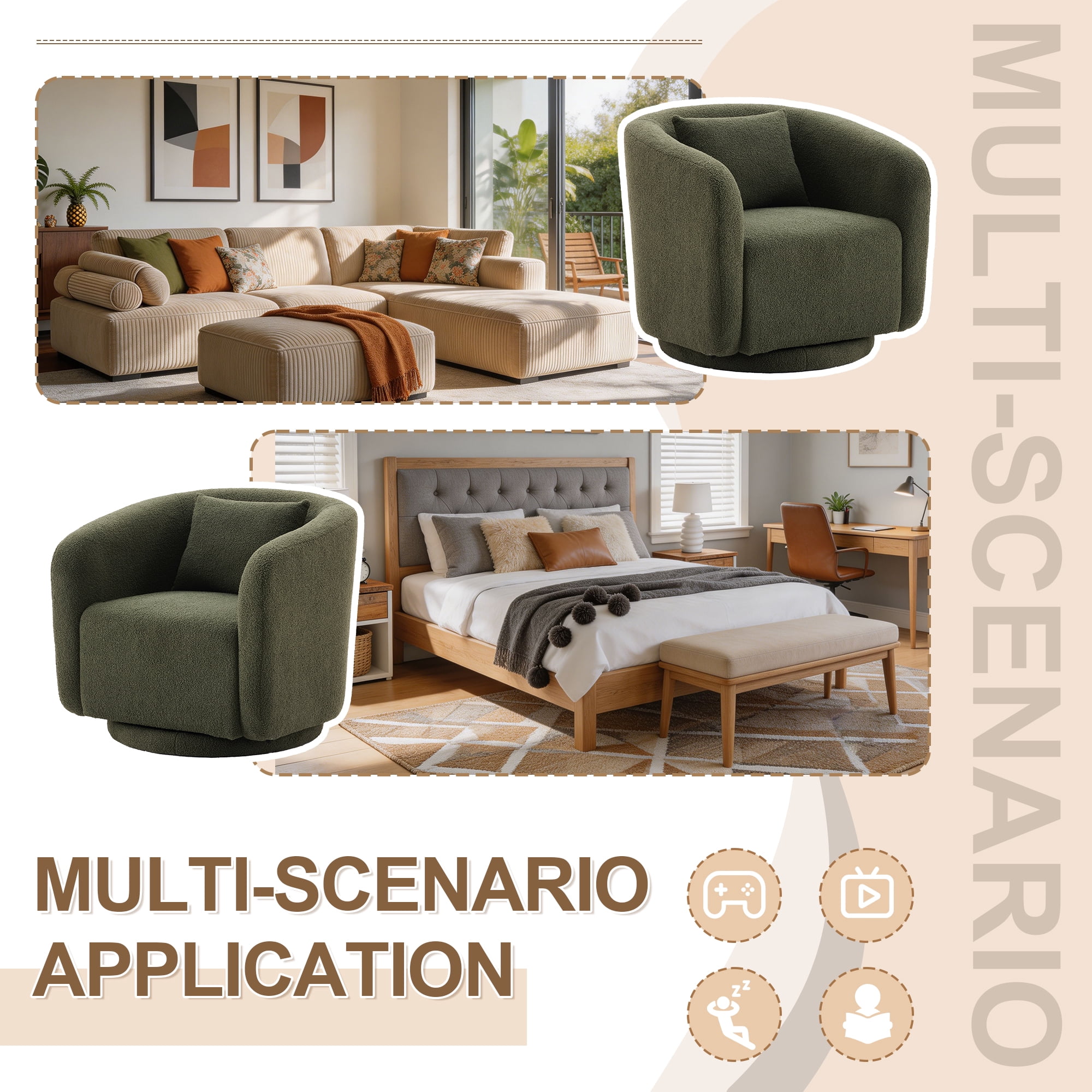 MAYEERTY 31.1" Green Boucle 360° Swivel Barrel Chair,350LBS Wood Frame Accent Chair with Pillow for Living Room Bedroom Office