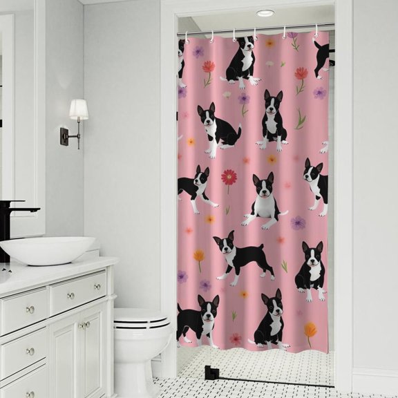 Boston Terrier Dogs and Flowers Shower Curtain 36"x72" ,Bathroom Decorative Shower Curtains Set with 12 Hooks,Modern Waterproof Washable Shower Curtain