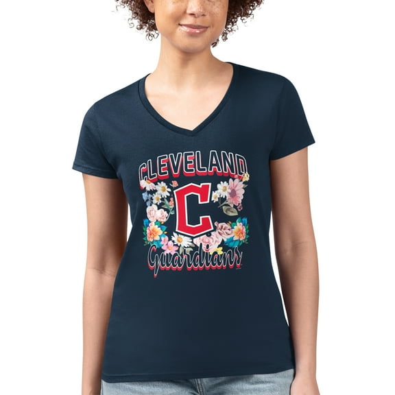 Women's G-III 4Her by Carl Banks Navy Cleveland Guardians Super-Slim Fit Lightweight Flowers Graphic V-Neck T-Shirt