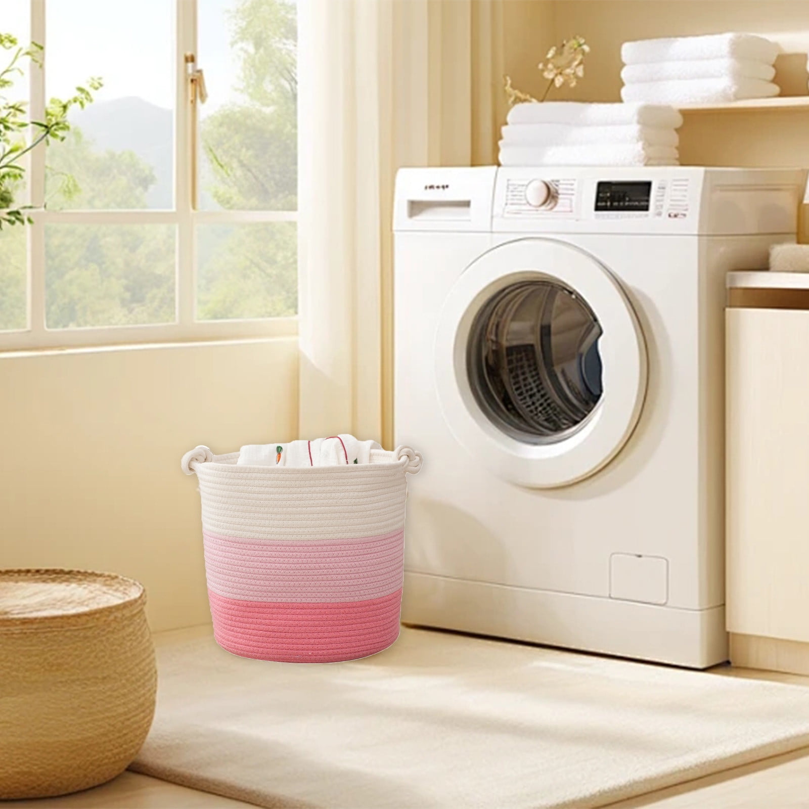 SIYTUAU Woven Cotton Rope Storage Basket Laundry Hamper Toy Organizer Handles Large Capacity Fabric Bin Nursery Room Pink Pink