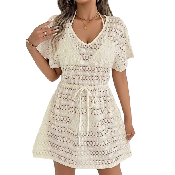 Vestido de Verano Casual de Moda de Resort de Mujeres Encaje Vestido de Playa con Cordón de Cintura Y Falda Atada con Arco Media Manga Cuello en V Vestido de Verano de las Mujeres