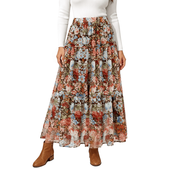 UVN Skirts for Women Summer Chiffon Pleated A-Line Long Skirt Elastic High Waist Swing Tiered Boho Beach Floral Print Maxi Skirts