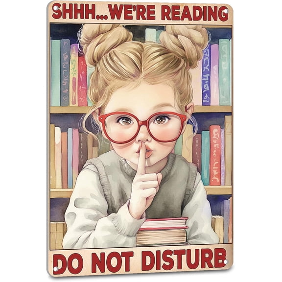 Vintage Reading Door Sign Wall Art Decor, Shhh We're Reading Do Not Disturb, Home Library Classroom Dorm Study Metal Sign, 8 x 12 Inches