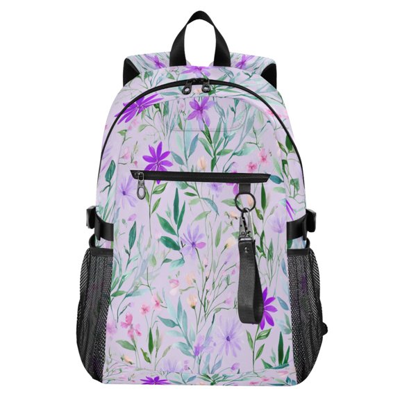 Full‑Print Casual Laptop Backpack, 20L Water‑Resistant Twill Tote Daypack with 14 Inch Computer Compartment for School Business Travel Soft Floral Lavender Design