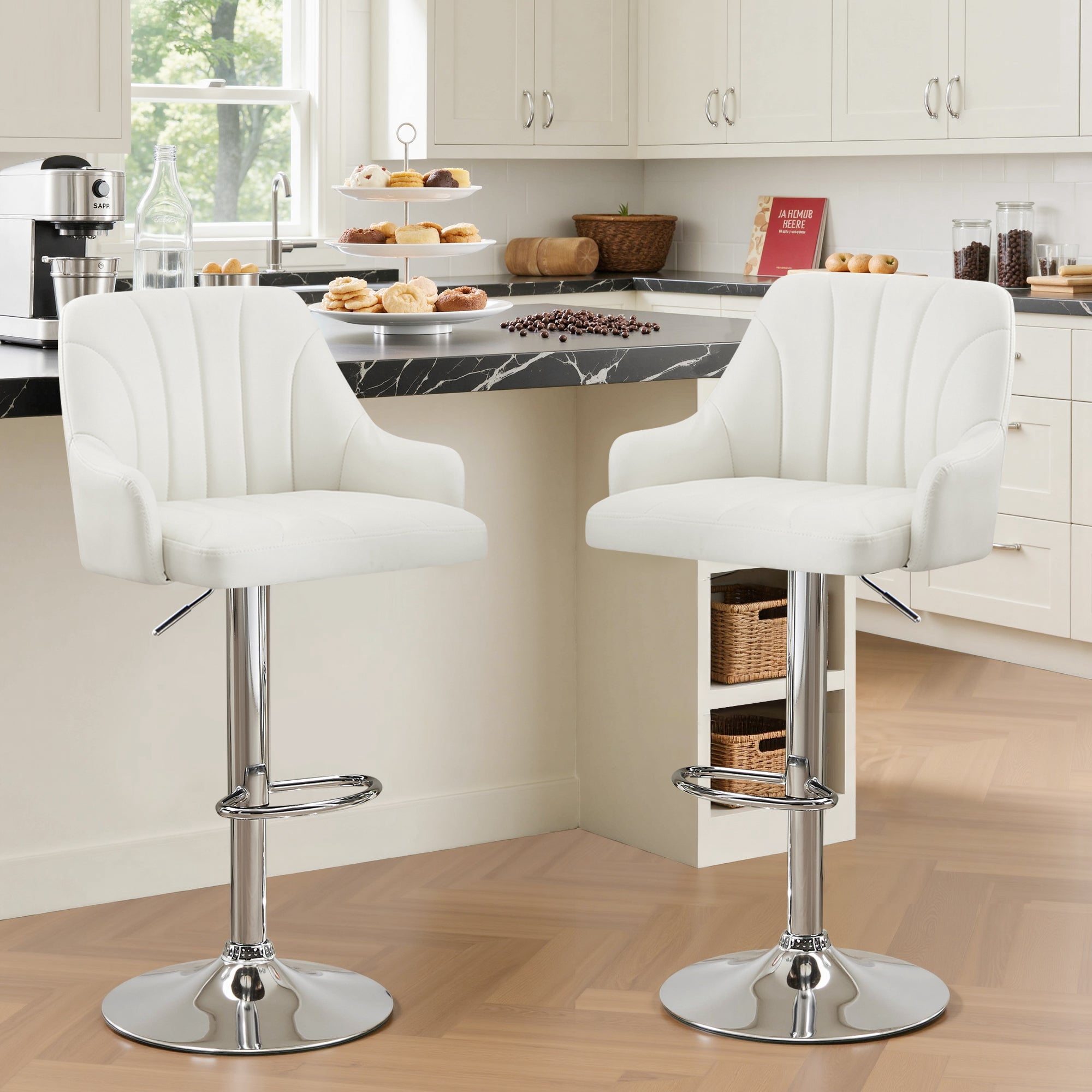 VECELO Set of 2 Swivel Bar Stools, Adjustable Counter Height Barstools Faux Leather Chair with Backrest and Armrest, White