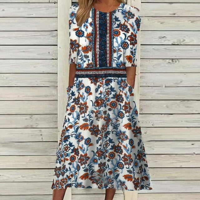 Robe d'Été pour Femmes 2024 Mode Grande Taille Décontractée Manches Mi-Longues Col Rond Imprimé Maxi Ample Pull Longue Robe 50 % de Réduction Liquidation!