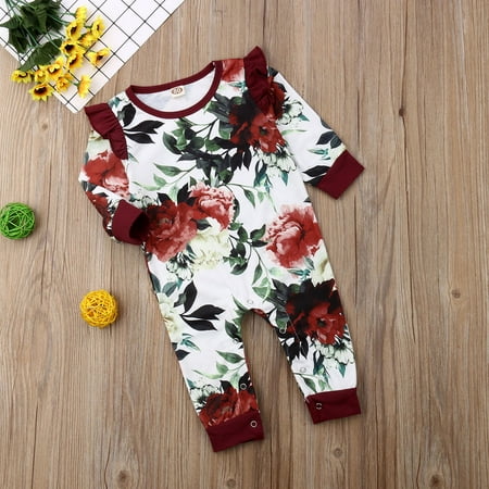

Baby Girl Long Sleeve Romper Kids Floral Print Cotton Casual Jumpsuit