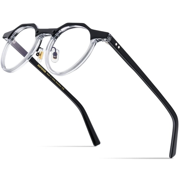 HEPIDEM Acetate Glasses Frame Men,Irregular Round Optical Eyeglasses Vintage Retro Eyewear( 9197 Black Clear )
