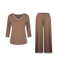 thumbnail image 3 of Feancey Pjs Set for Women 3/4 Sleeve V Neck Top and Wide Leg Pants 2 Piece Pajama Sets Solid Color Casual Sleepwear Two Piece Loungewear Outfits Lighten Brown S, 3 of 4