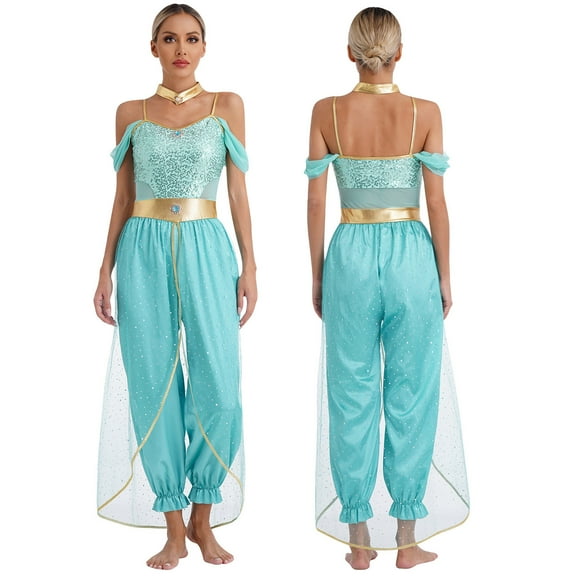 iiniim Women Sequin Romper with Metallic Shiny Choker Collar Princess Belly Dance A Turquoise 4XL