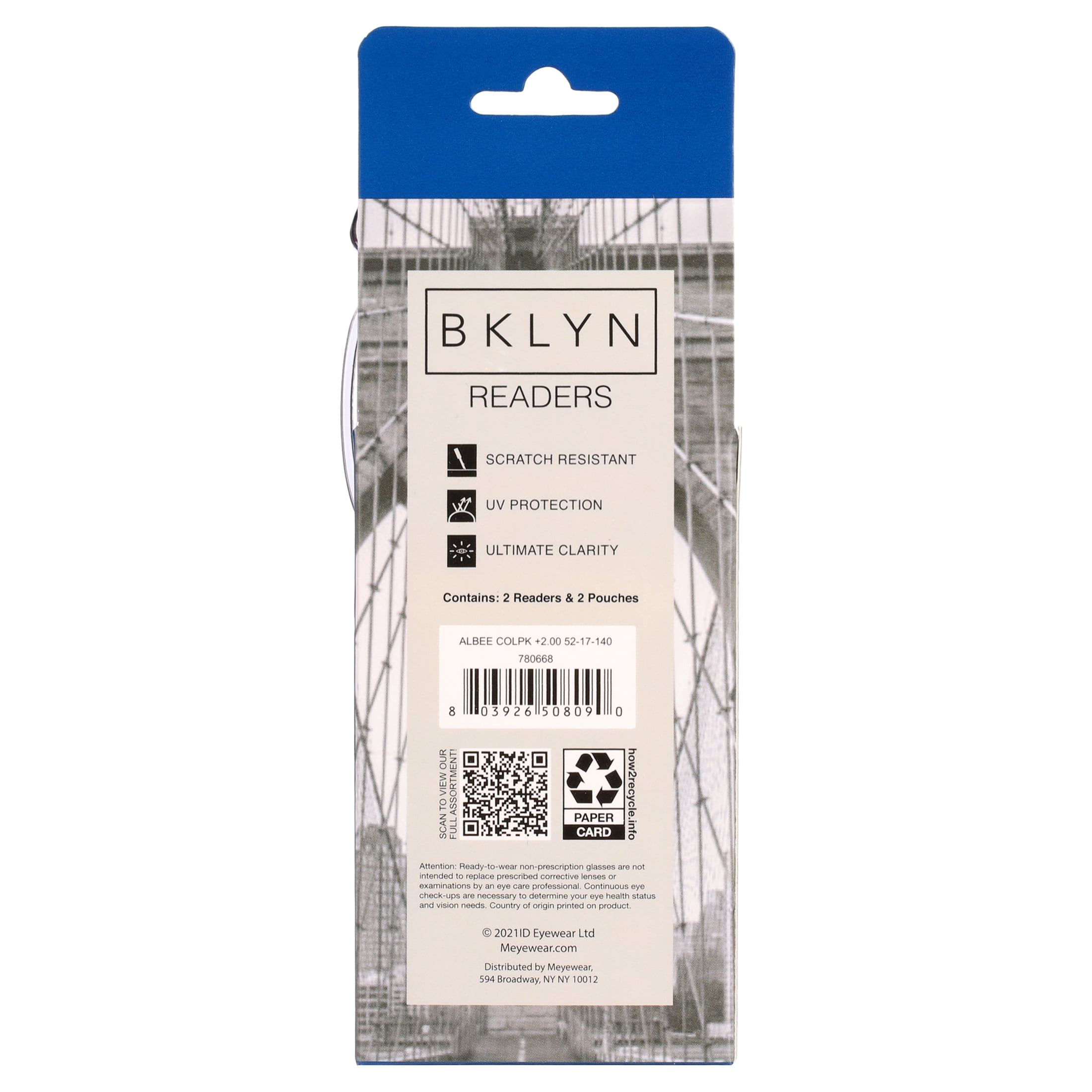 Bklyn, Albee +2.00, Adult, Womens, Plastic Reading Glasses & Pouches Value Pack , 2 Ea