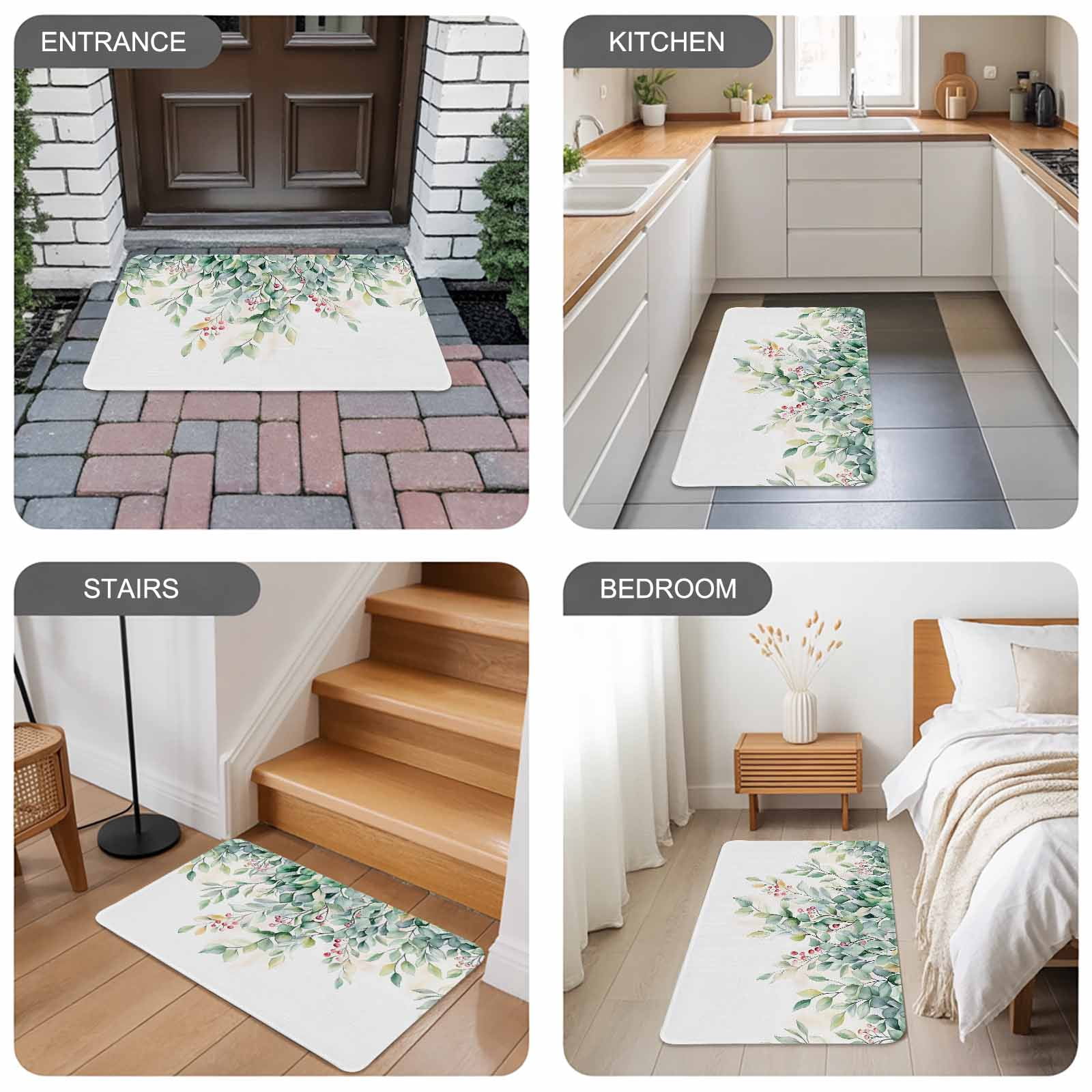 Eucalyptus Doormat Outdoor Entrance 16"x24", Retro Green Spring Botanical Leaf Red Fruit Absorb Moisture Dirt Door Mats, Non-Slip Rubber Backing Floor Mats Indoor, Low-Profile Front Door Rugs