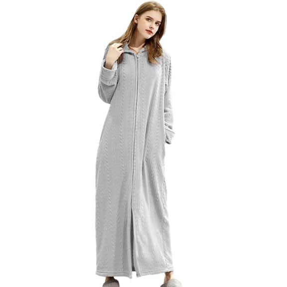 Hooded Zipper Bathrobe Long Sleeve House Coat Full Length Nightgown with Pockets for Women Men Flannel Warm Robe Gifts