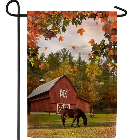 America Forever Barn and Horse Garden Flag, 12.5 x 18 inches Double Sided, Farmhouse Red Barn, Autumn Fall Leaves Seasonal Outdoor Flags for Yard, Lawn, and Garden