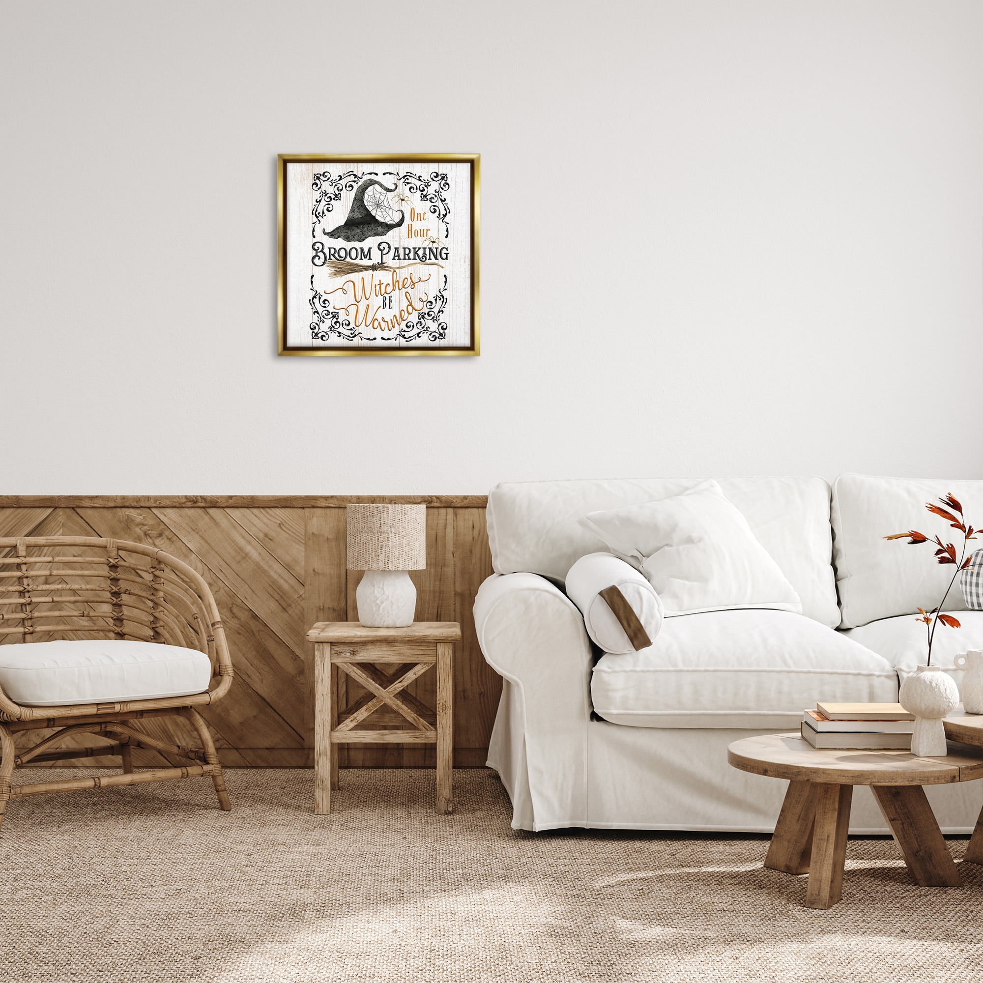 Stupell Industries Rustic Broom Parking Holiday Painting Gold Floater Framed Canvas Art Print Wall Art, 25 x 25
