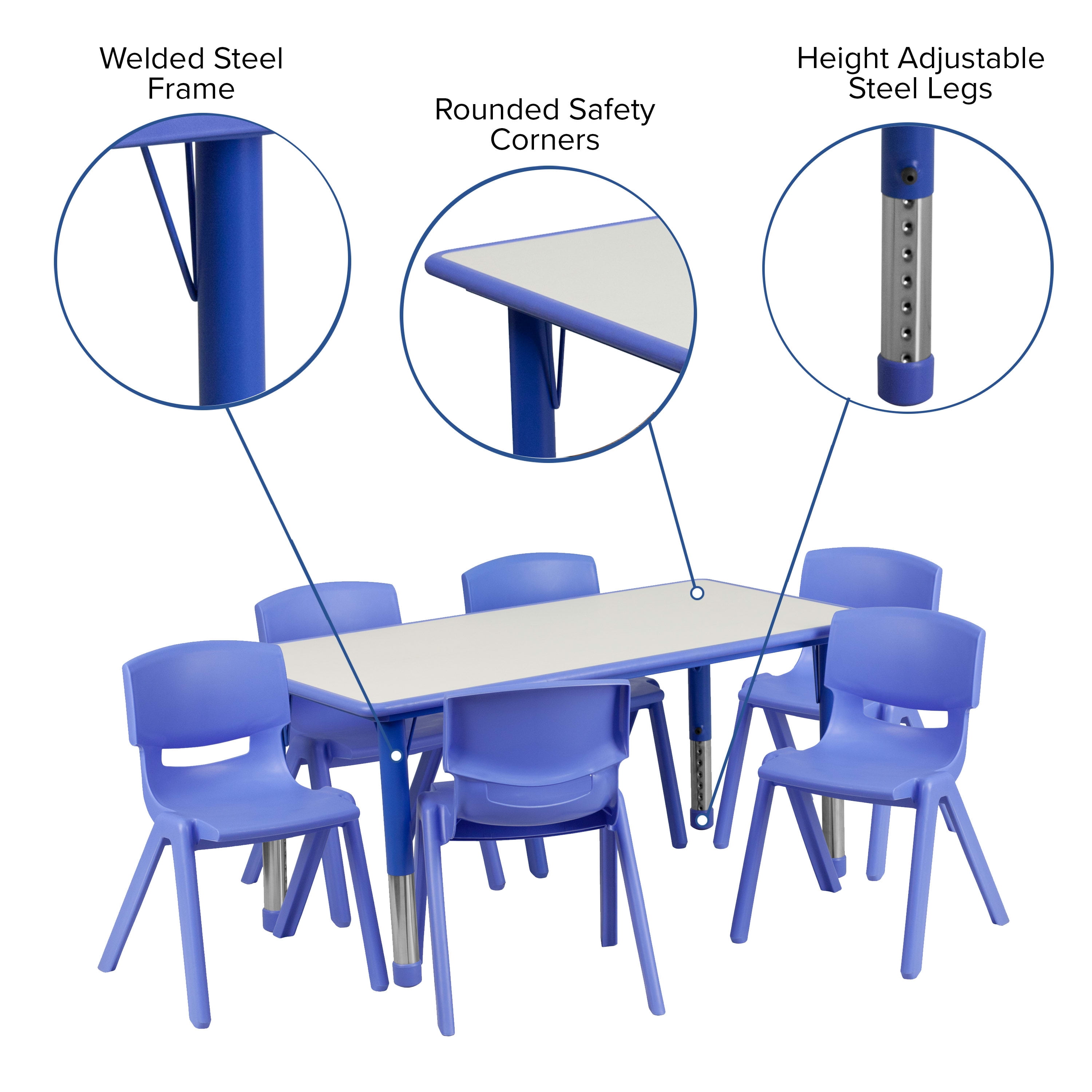 23.625" W x 47.25" L Blue Plastic Activity Table Set-6 Chairs