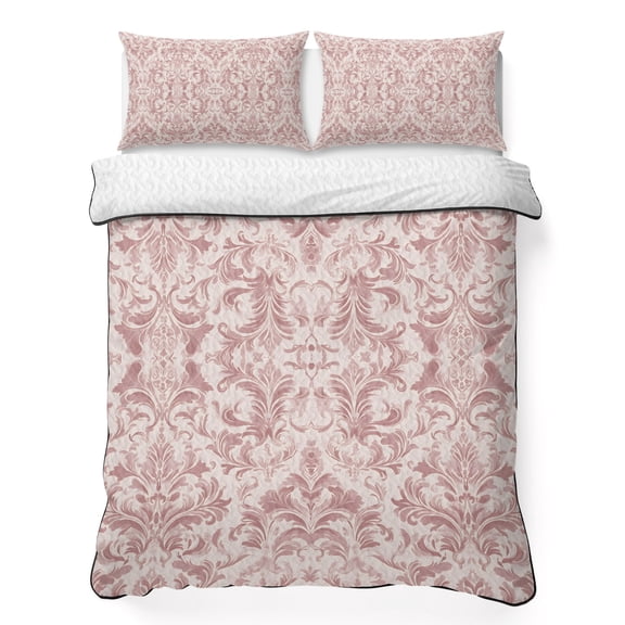Twin XL Quilt Set 68''x98'', Pink Baroque Lightweight Bedspread Coverlet Set with 2 Pillow Shams, Farmhouse Scroll Floral Damask Patterned Breathable All Season Quilt Bedding for Dorm/Guest Room