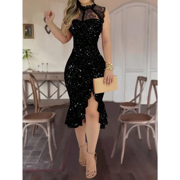 Women's Summer Bodycon Midi Dress Ruffle Hem Sleeveless Party Cocktail Dress