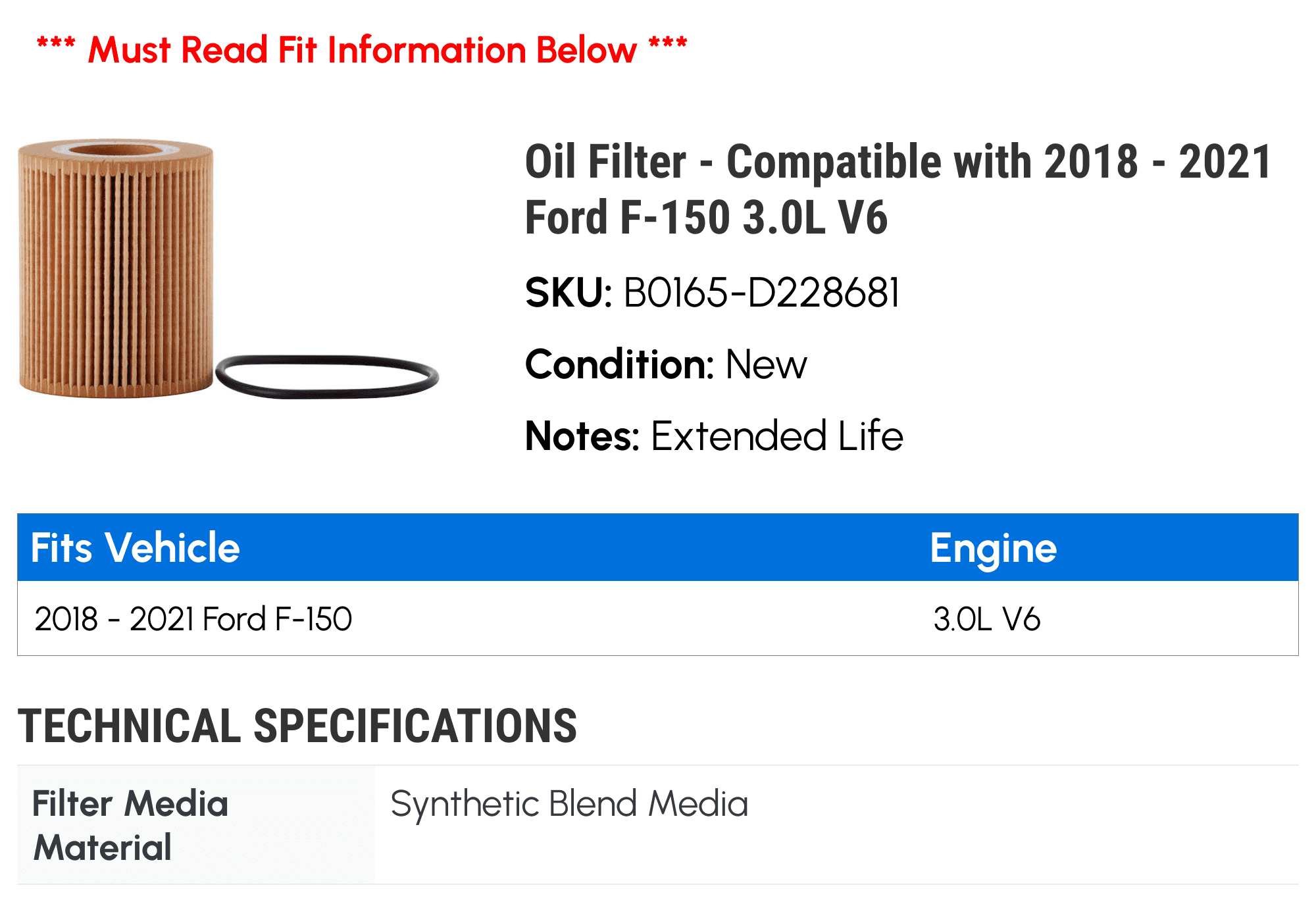 Oil Filter - Compatible with 2018 - 2021 Ford F-150 3.0L V6 2019 2020