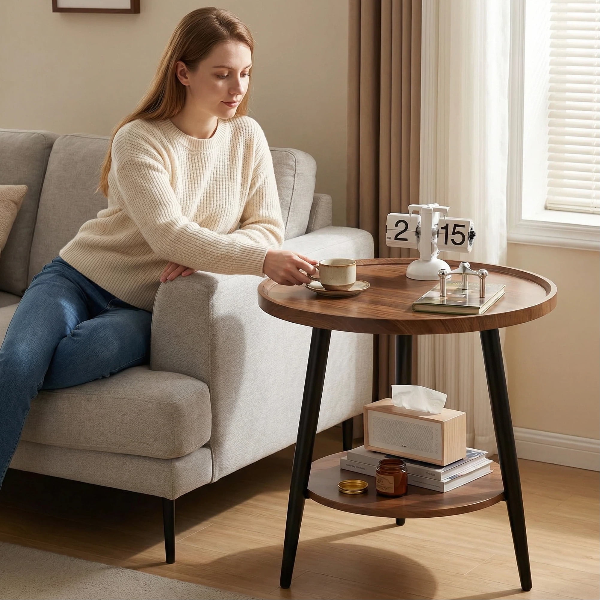 Keerffo Round End Side Table,2-Tier Mid Century Modern Coffee Sofa Table with Metal Frame Legs Nightstand for Home Bedroom and Living Room